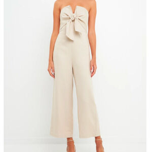 English Factory Bustier Front Tie Beige Linen Blend Jumpsuit Women Size M